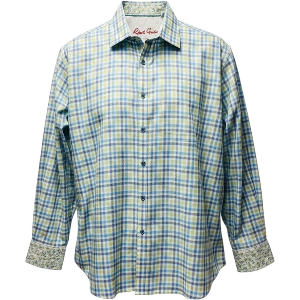 Robert Graham Dress Shirt 2XL Classic Fit Tall Blue Green Plaid Preppy Flip Cuff